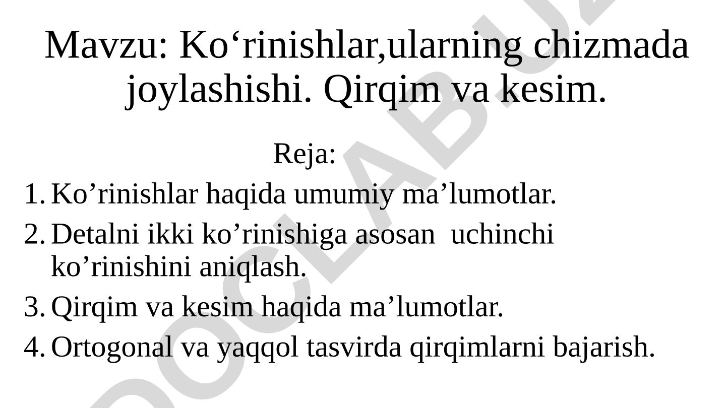 Ko‘rinishlar, ularning chizmada joylashishi. Qirqim va kesim