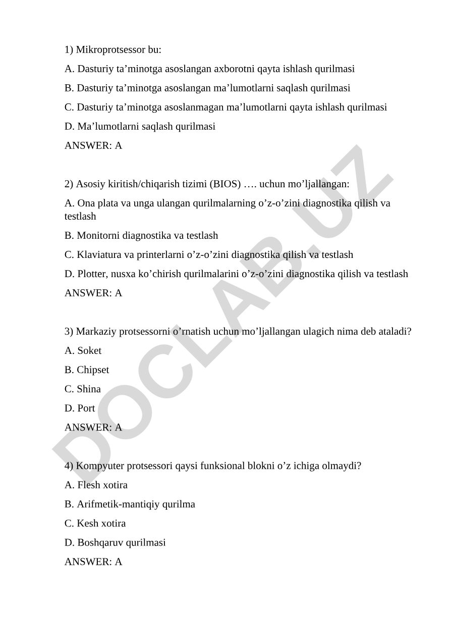 Mikroprotsessorlar va kompyuter tizimlari test savollari