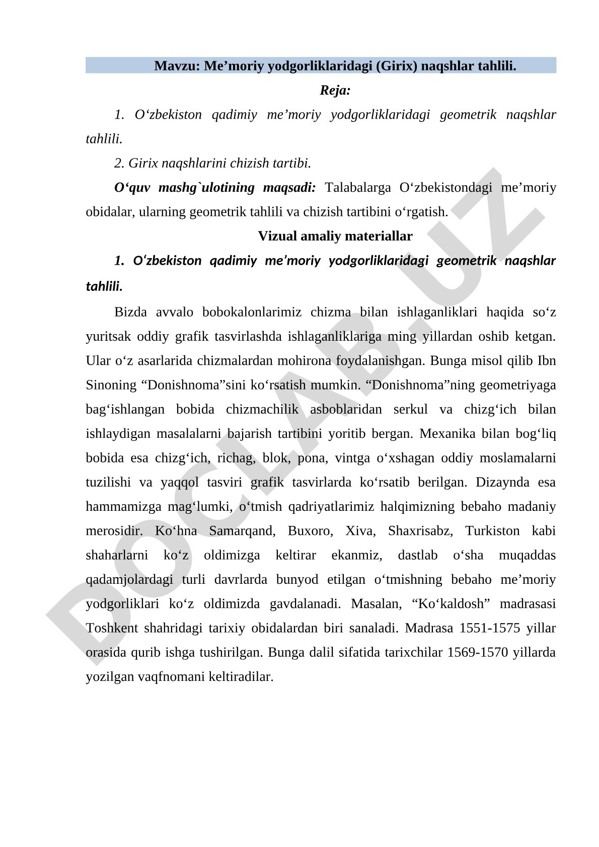 Me’moriy yodgorliklaridagi (Girix) naqshlar tahlili