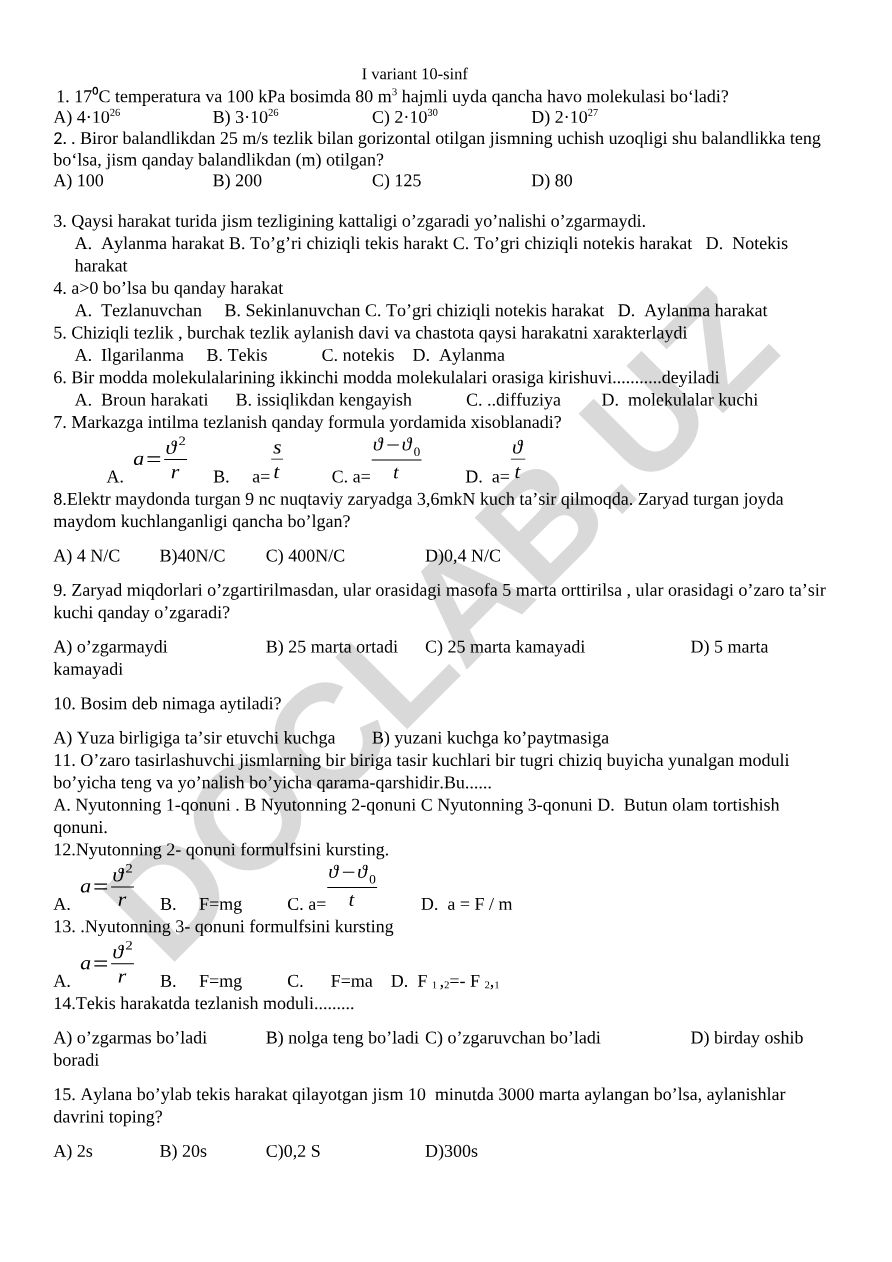 Fizika fanidan 10-sinf uchun test savollari va masalalar