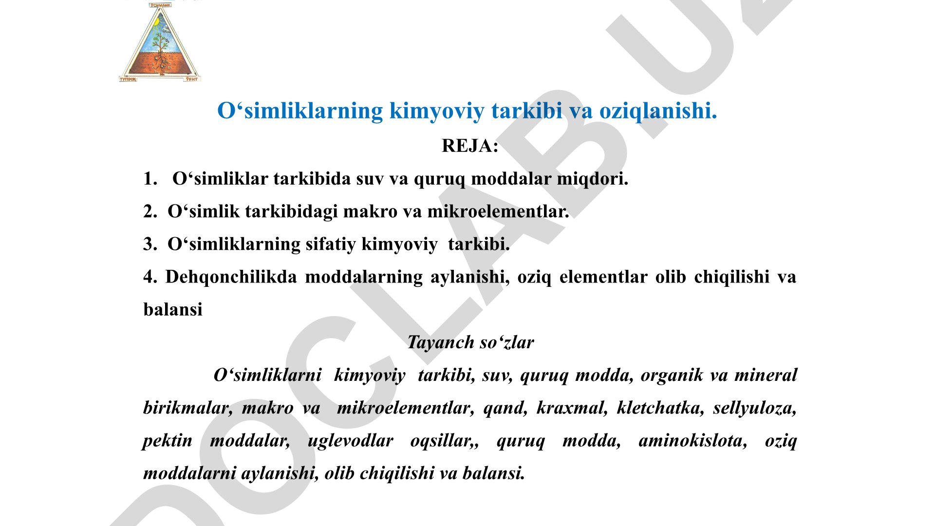 O‘simliklarning kimyoviy tarkibi va oziqlanishi