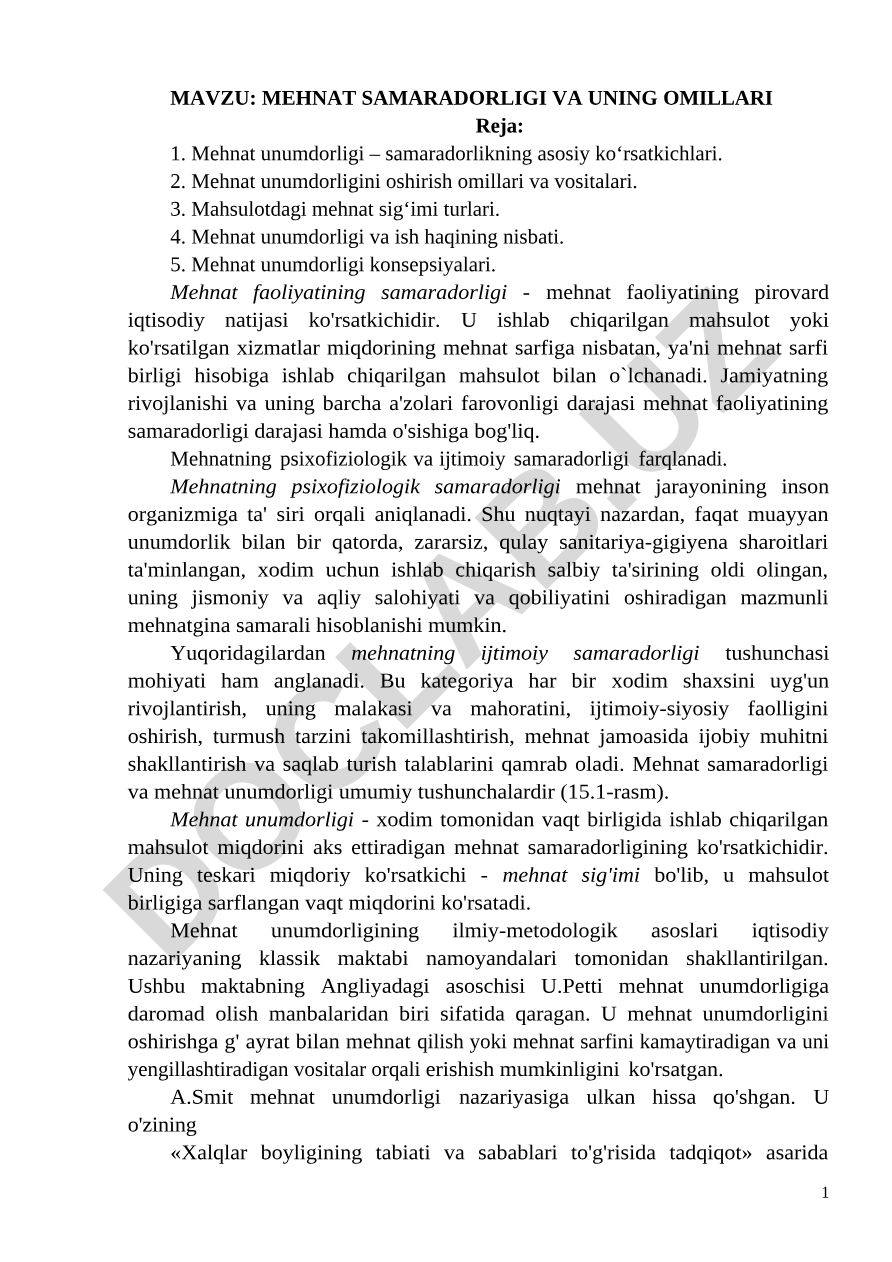 MEHNAT SAMARADORLIGI VA UNING OMILLARI