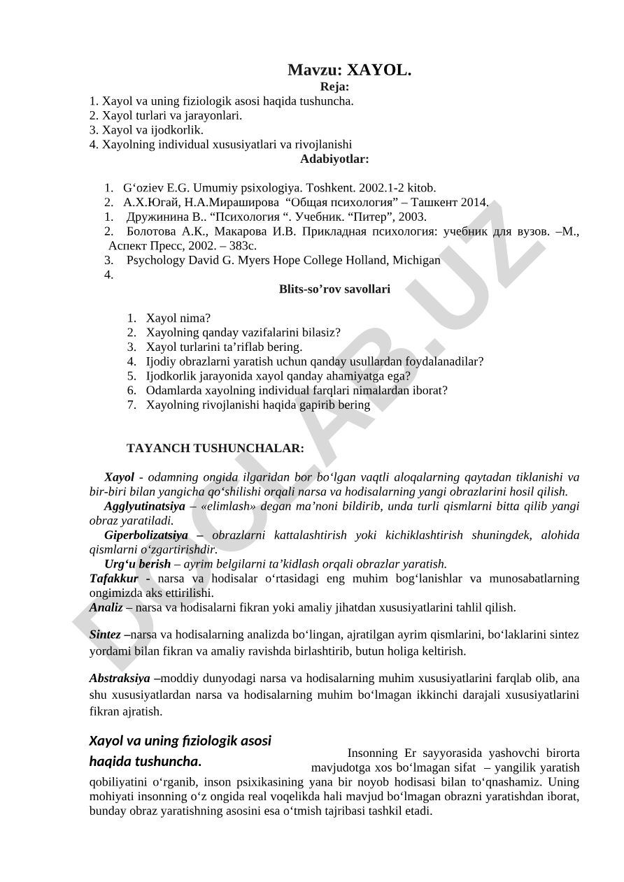 Xayol va uning psixologik xususiyatlari