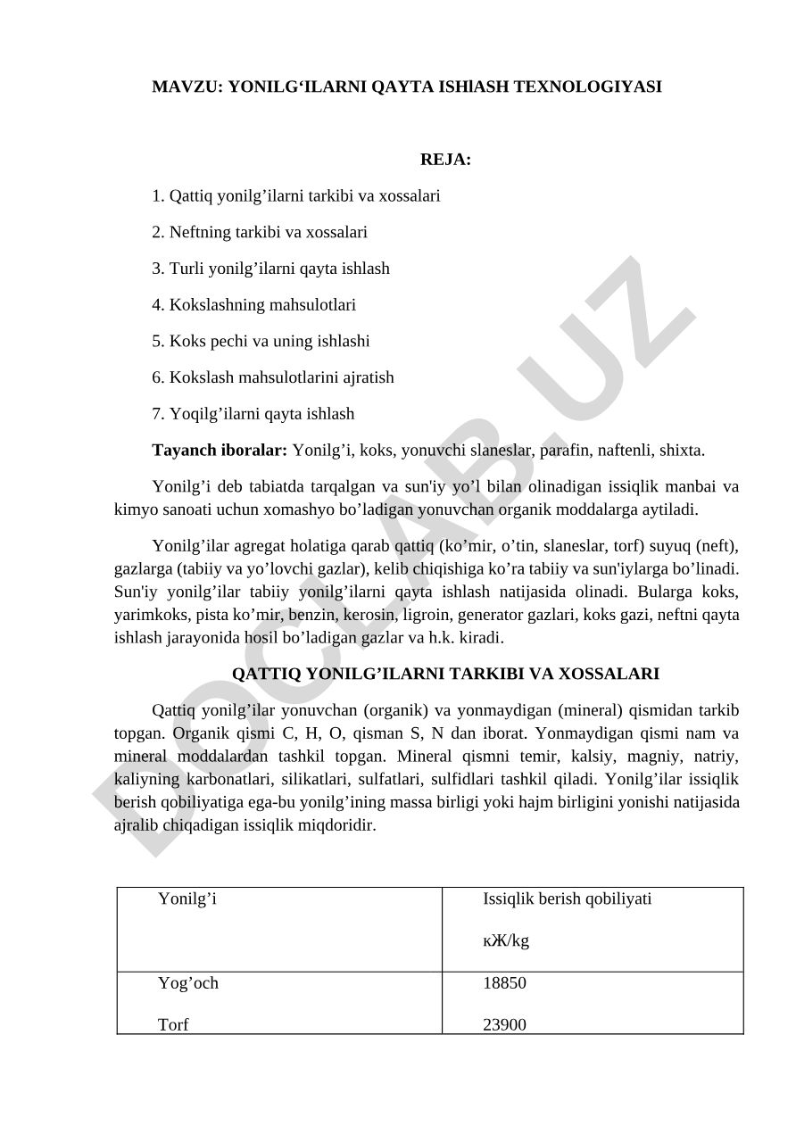 YONILG‘ILARNI QAYTA ISHlASH TEXNOLOGIYASI