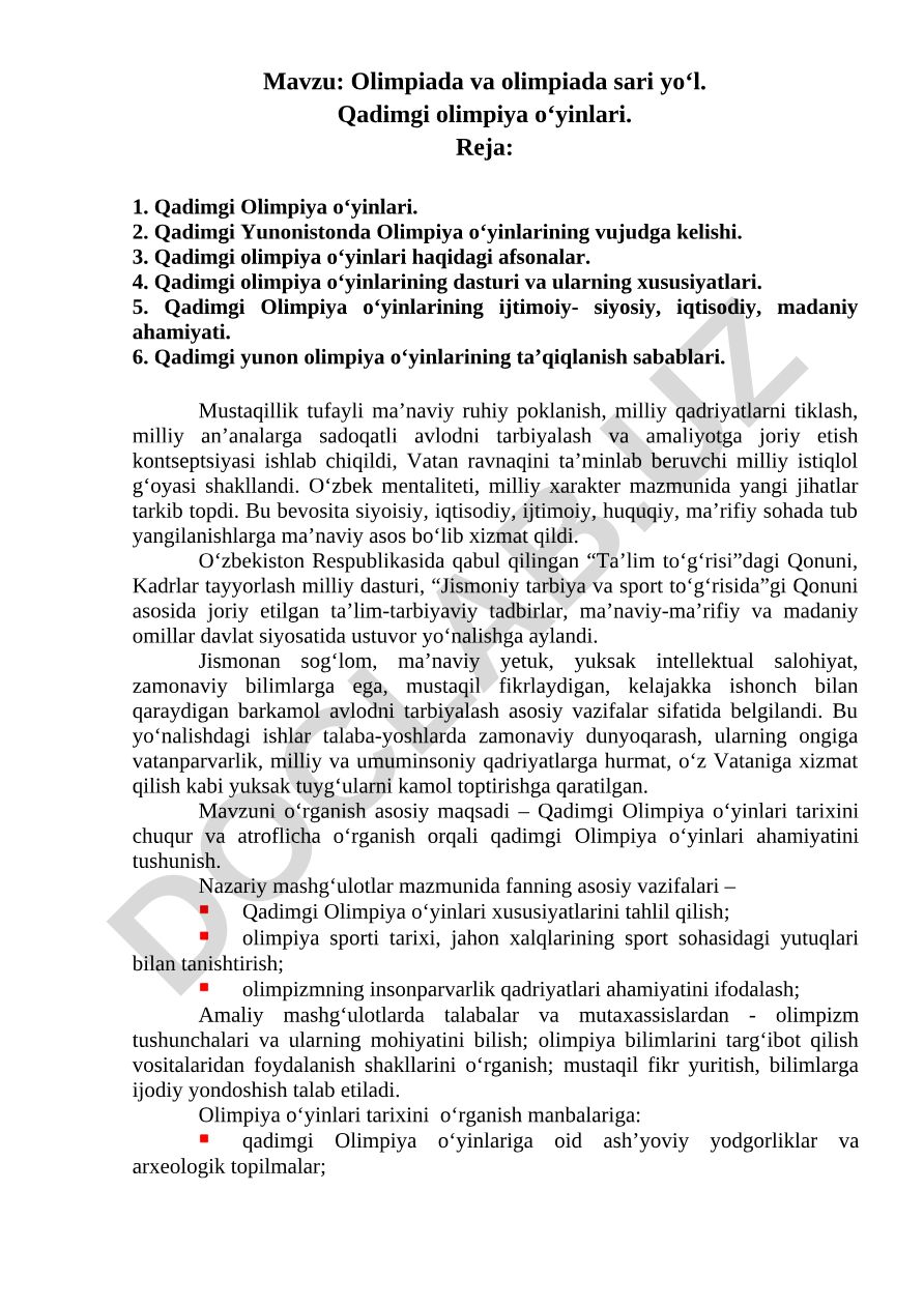 Olimpiada va olimpiada sari yo‘l. Qadimgi olimpiya o‘yinlari