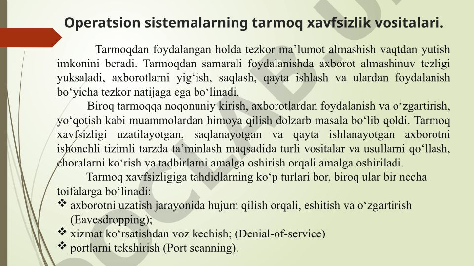 Operatsion sistemalarning tarmoq xavfsizlik vositalari