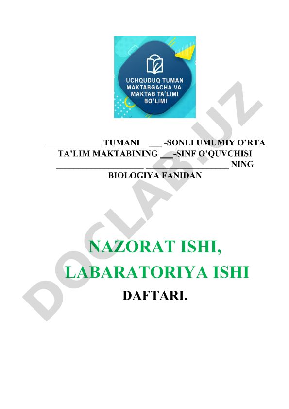 Biologiya fanidan nazorat ishi va laboratoriya ishlari daftari