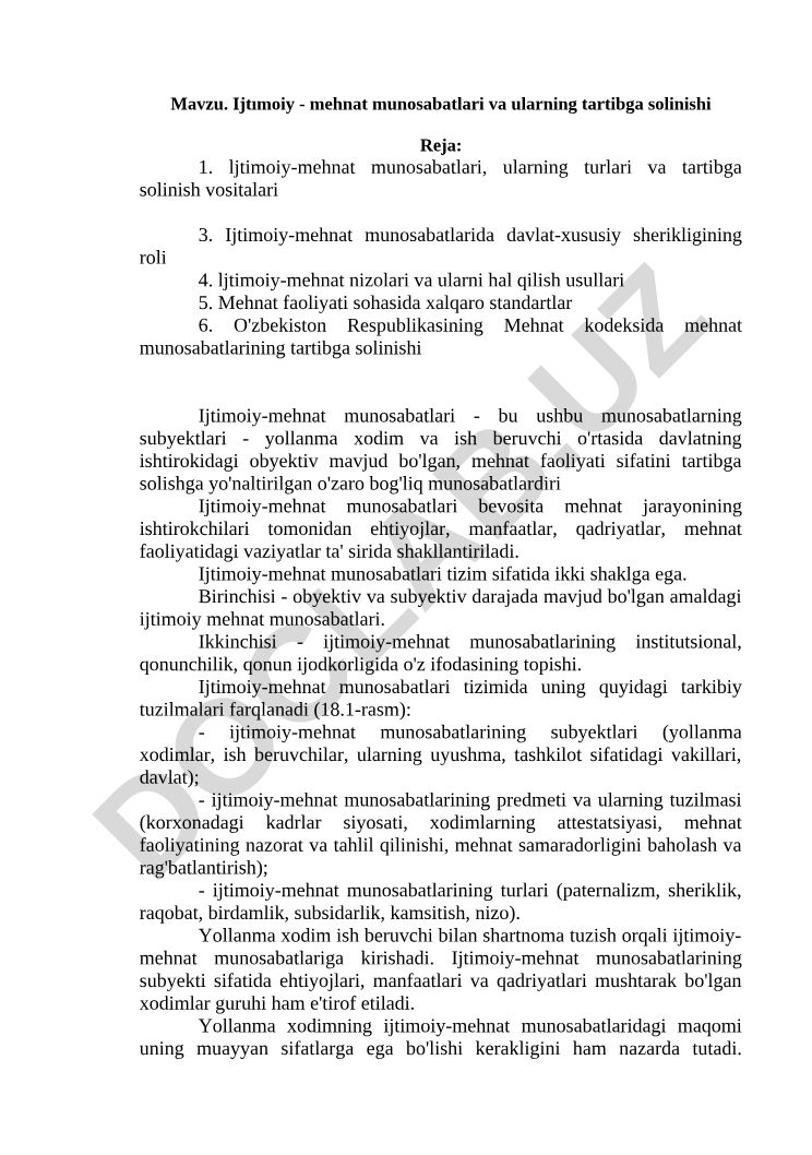 Ijtimoiy-mehnat munosabatlari va ularning tartibga solinishi