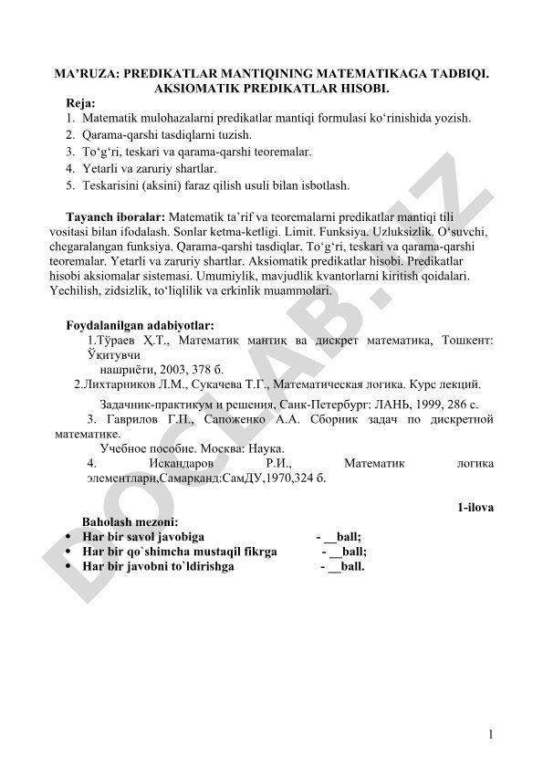 Predikatlar mantiqining matematikaga tadbiqi va aksiomatik predikatlar hisobi