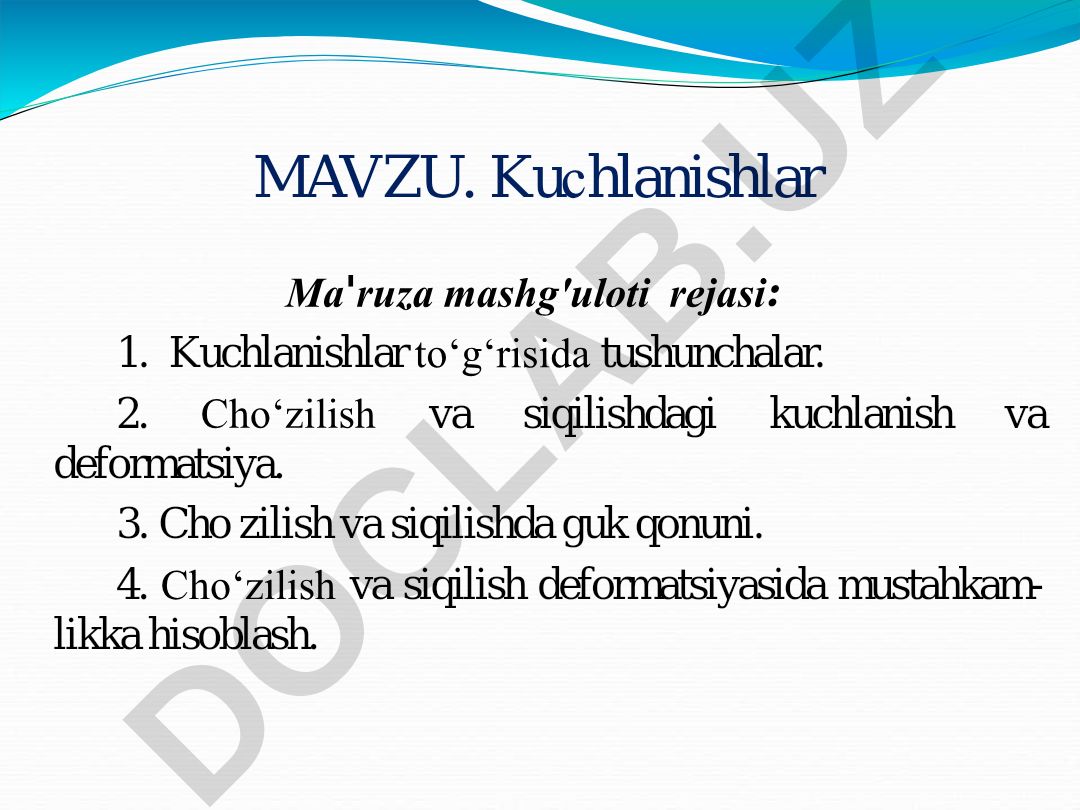 Kuchlanishlar to‘g‘risida tushunchalar va cho‘zilish-siqlilishdagi mustahkamlik hisoblash