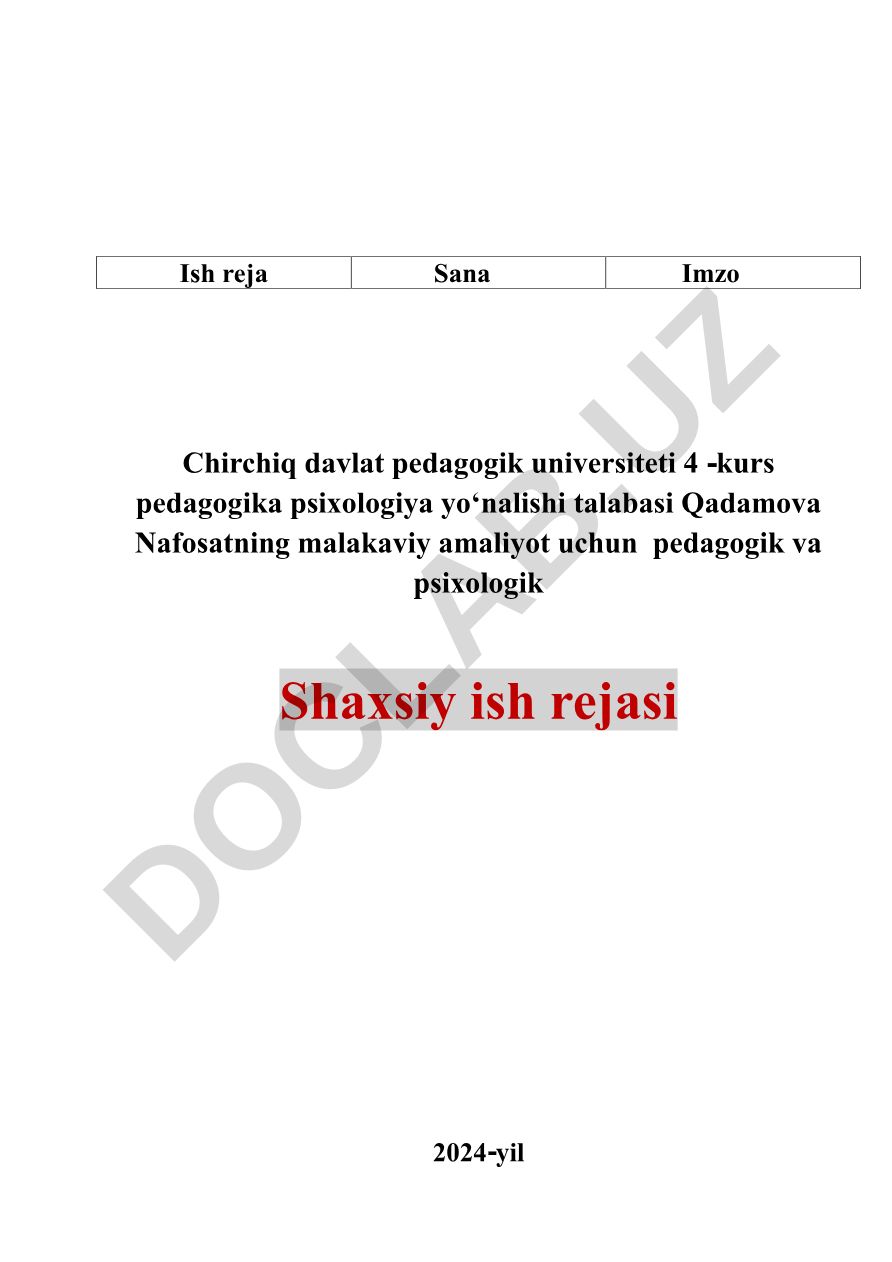 Malakaviy amaliyot uchun pedagogik va psixologik shaxsiy ish rejasi