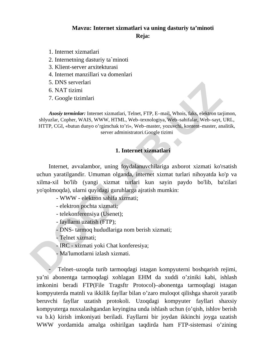 Internet xizmatlari va uning dasturiy ta’minoti