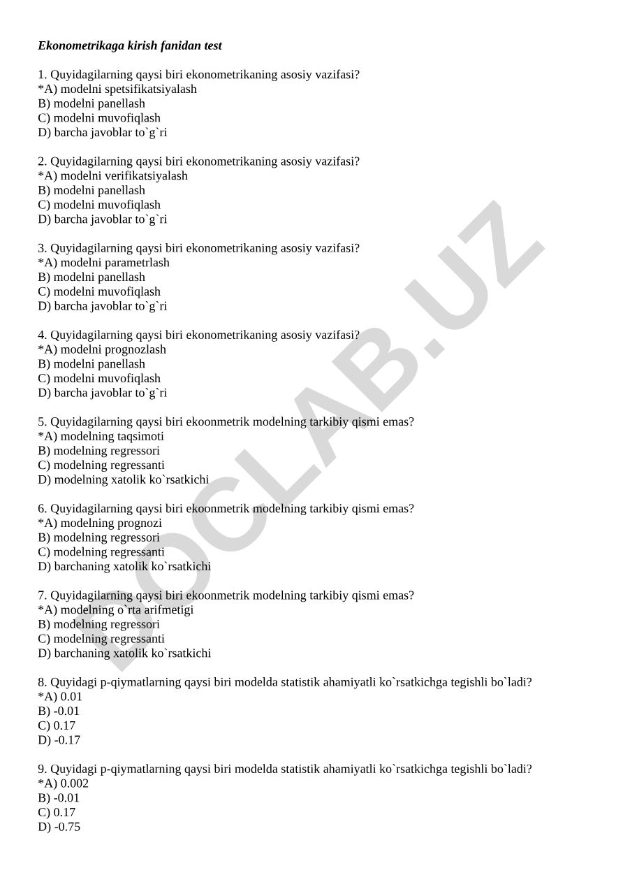 Ekonometrikaga kirish fanidan test savollari