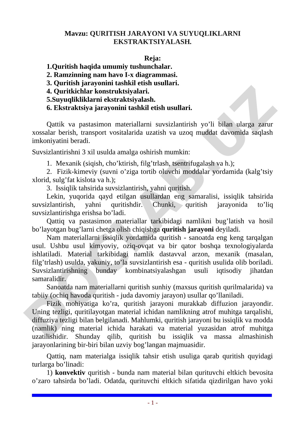 QURITISH JARAYONI VA SUYUQLIKLARNI EKSTRAKTSIYALASH