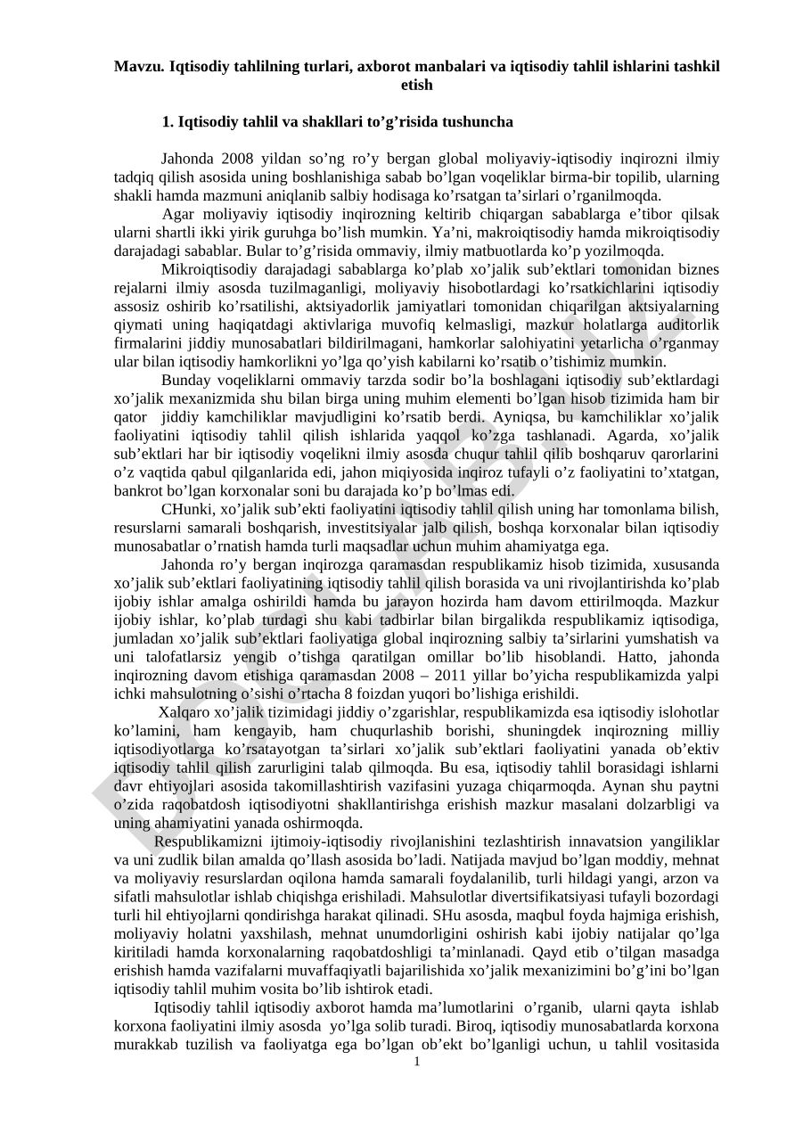 Iqtisodiy tahlilning turlari, axborot manbalari va iqtisodiy tahlil ishlarini tashkil etish