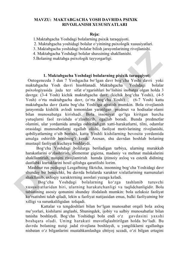 Maktabgacha yosh davrida psixik rivojlanish xususiyatlari