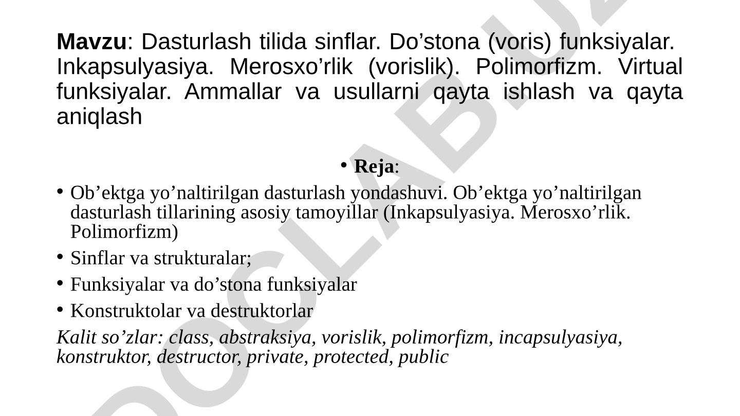 Dasturlash tilida sinflar. Do’stona (voris) funksiyalar. Inkapsulyasiya. Merosxo’rlik (vorislik). Polimorfizm. Virtual funksiyalar. Ammallar va usullarni qayta ishlash va qayta aniqlash
