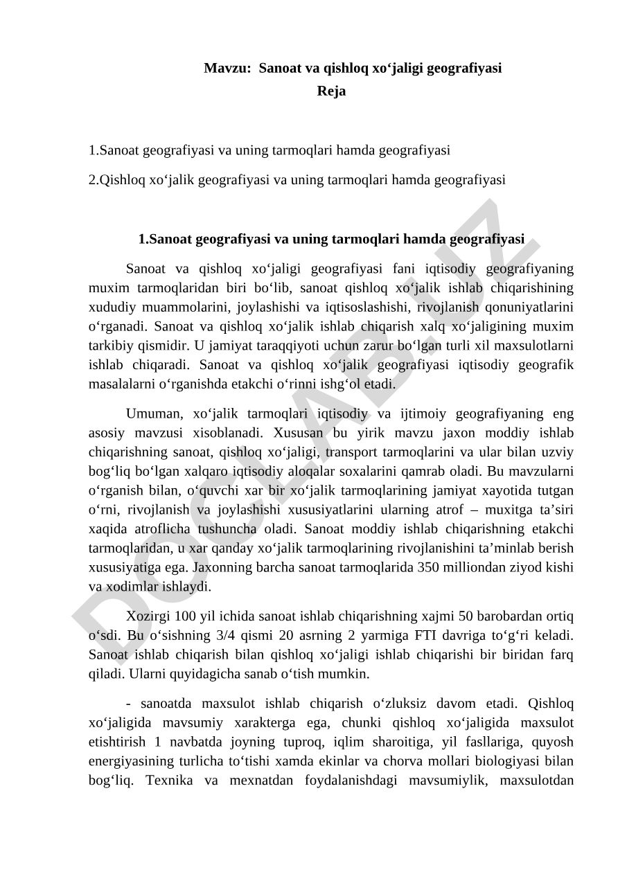 Sanoat va qishloq xo‘jaligi geografiyasi
