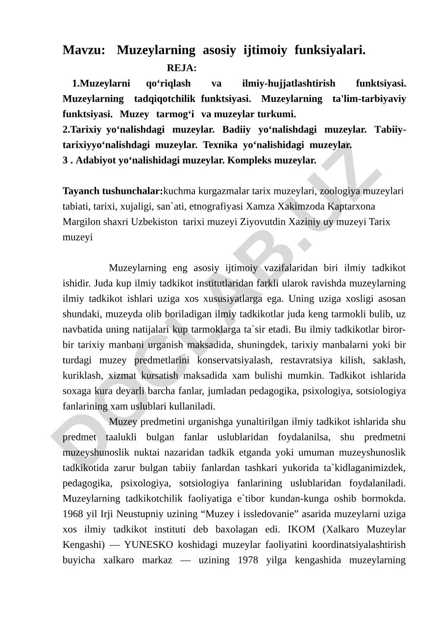 Muzeylarning asosiy ijtimoiy funksiyalari