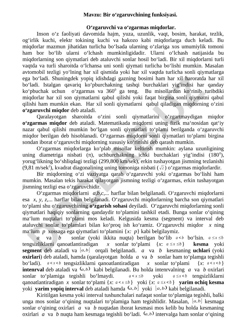 Bir oʻzgaruvchining funksiyasi. Oʻzgaruvchi va oʻzgarmas miqdorlar