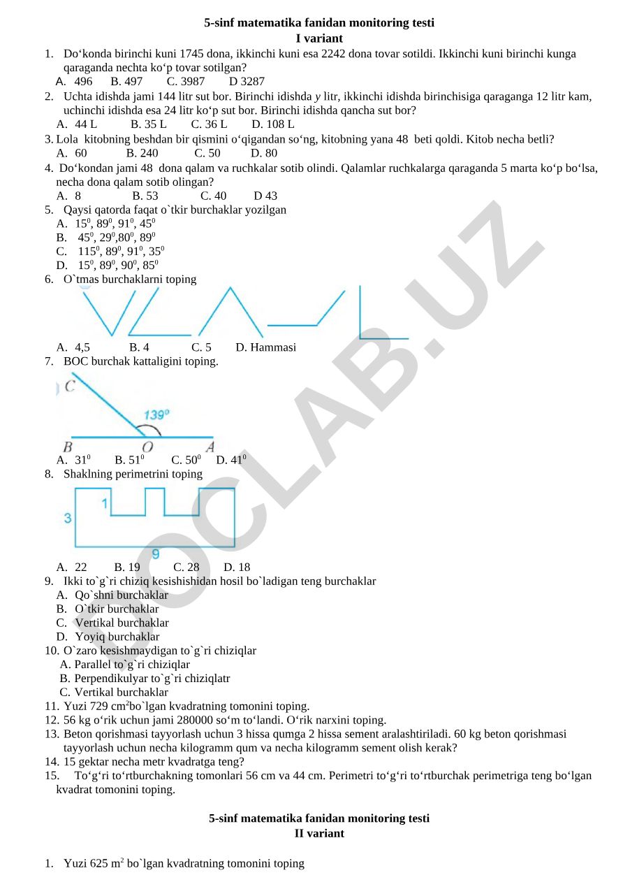 5-sinf matematika fanidan monitoring testi I variant