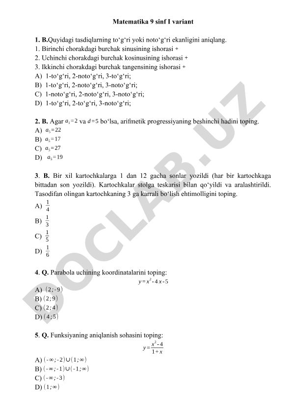 Matematika 9-sinf test topshiriqlari I variant