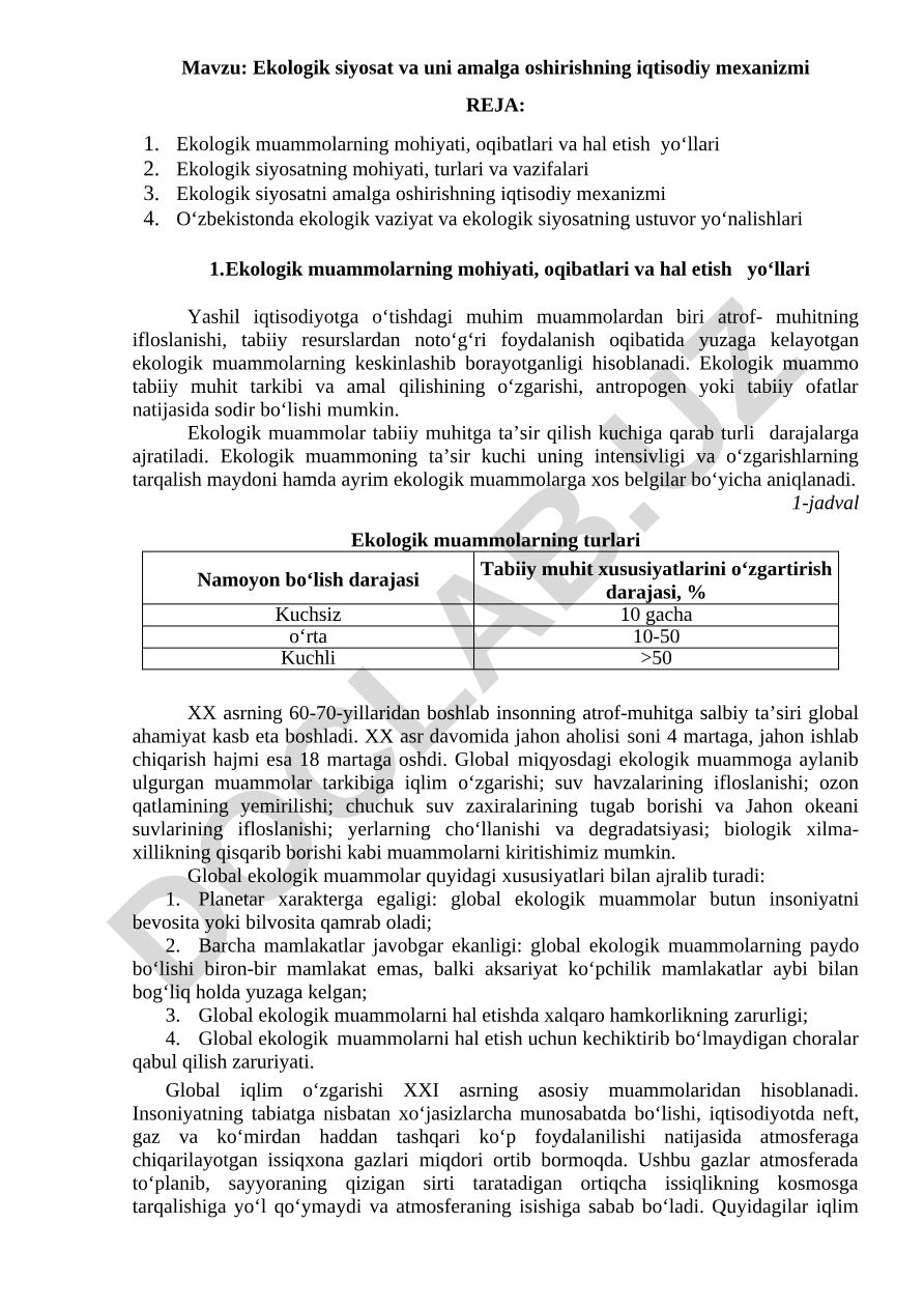 Ekologik siyosat va uni amalga oshirishning iqtisodiy mexanizmi
