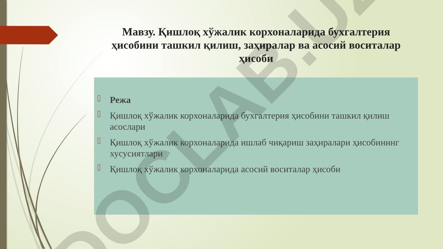 Қишлоқ хўжалик корхоналарида бухгалтерия ҳисобини ташкил қилиш, заҳиралар ва асосий воситалар ҳисоби