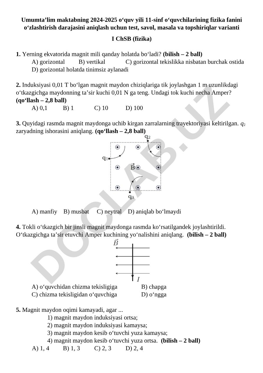 Fizika fanidan test, savol, masala va topshiriqlar varianti