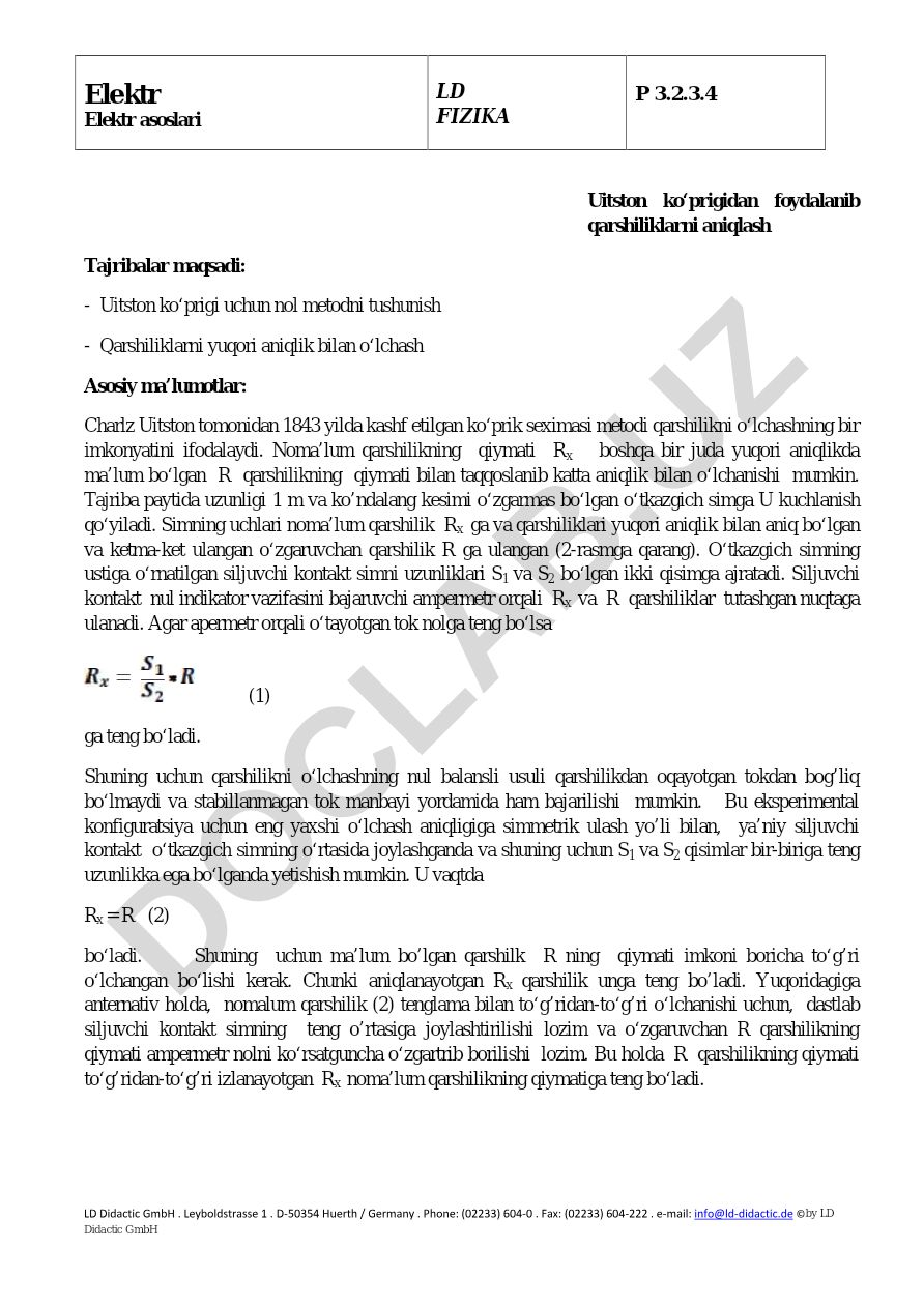 Uitston ko‘prigidan foydalanib qarshiliklarni aniqlash
