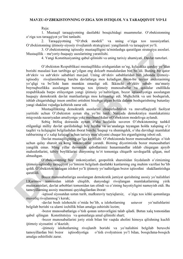 O‘zbekistonning o‘ziga xos istiqlol va taraqqiyot yo‘li