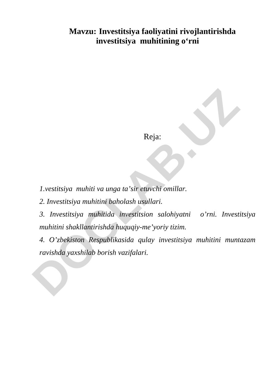 Investitsiya faoliyatini rivojlantirishda investitsiya muhitining o‘rni