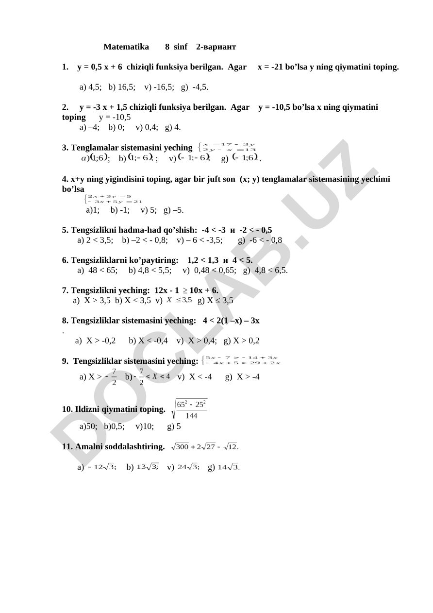 Matematika 8-sinf test topshiriqlari 2-variant