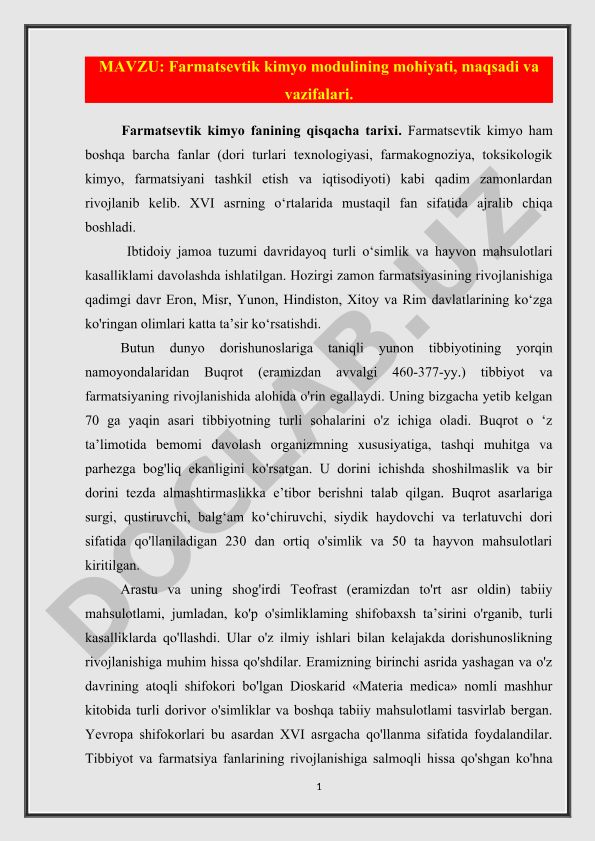 Farmatsevtik kimyo modulining mohiyati, maqsadi va vazifalari