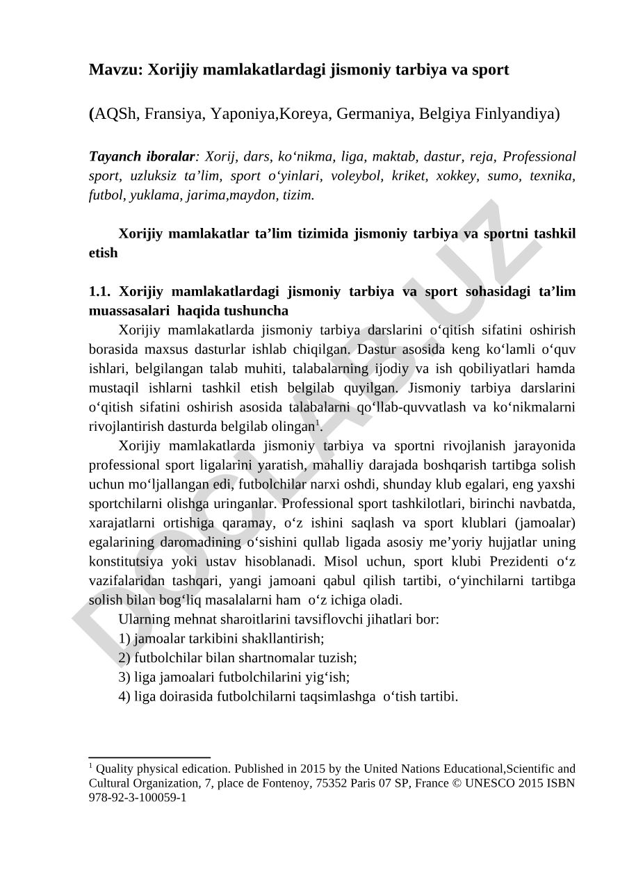 Xorijiy mamlakatlardagi jismoniy tarbiya va sport (AQSh, Fransiya, Yaponiya, Koreya, Germaniya, Belgiya, Finlyandiya)