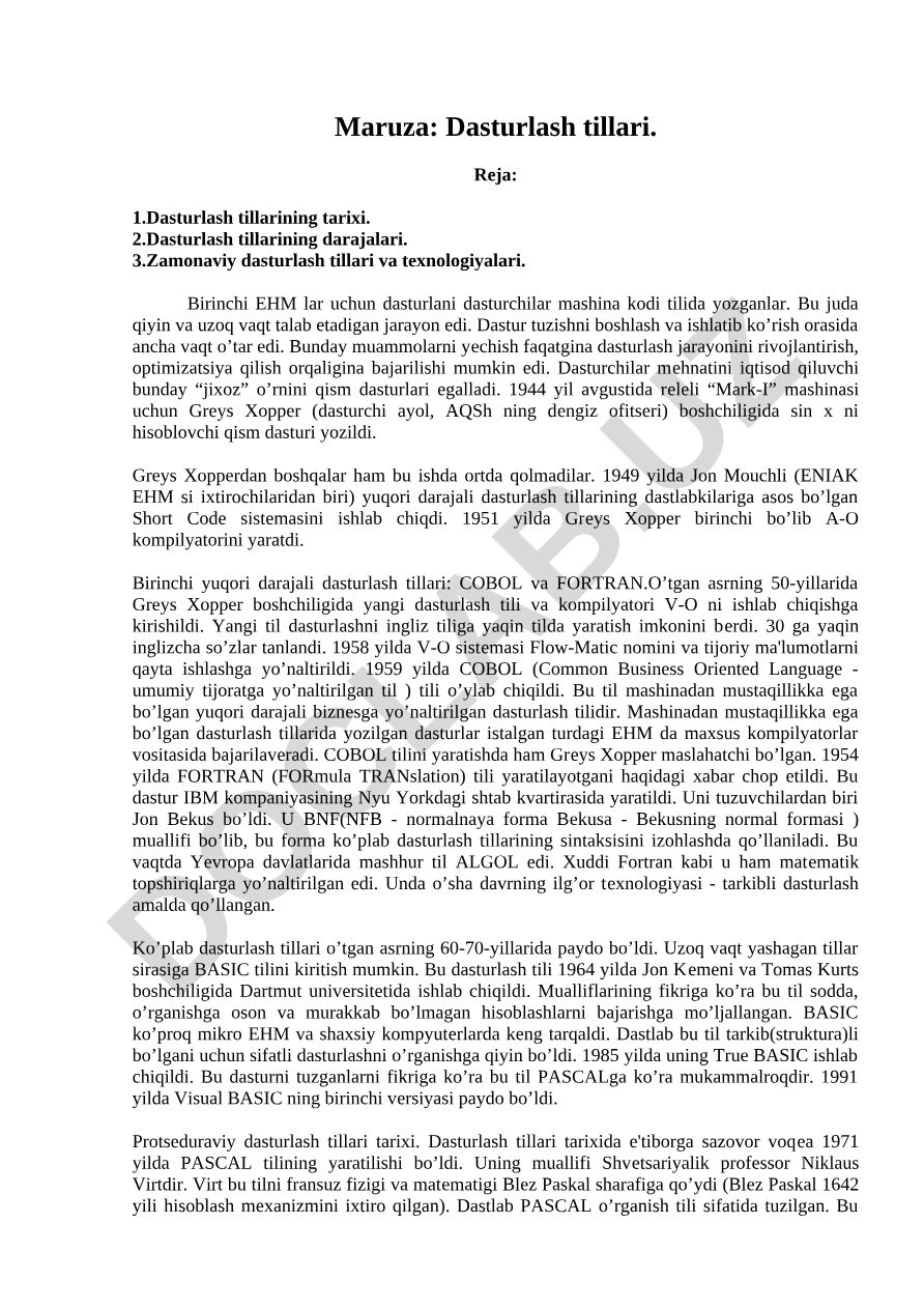 Dasturlash tillari tarixi, darajalari va zamonaviy texnologiyalari