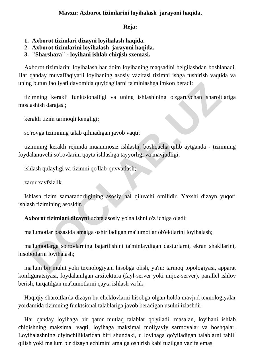 Axborot tizimlarini loyihalash jarayoni haqida