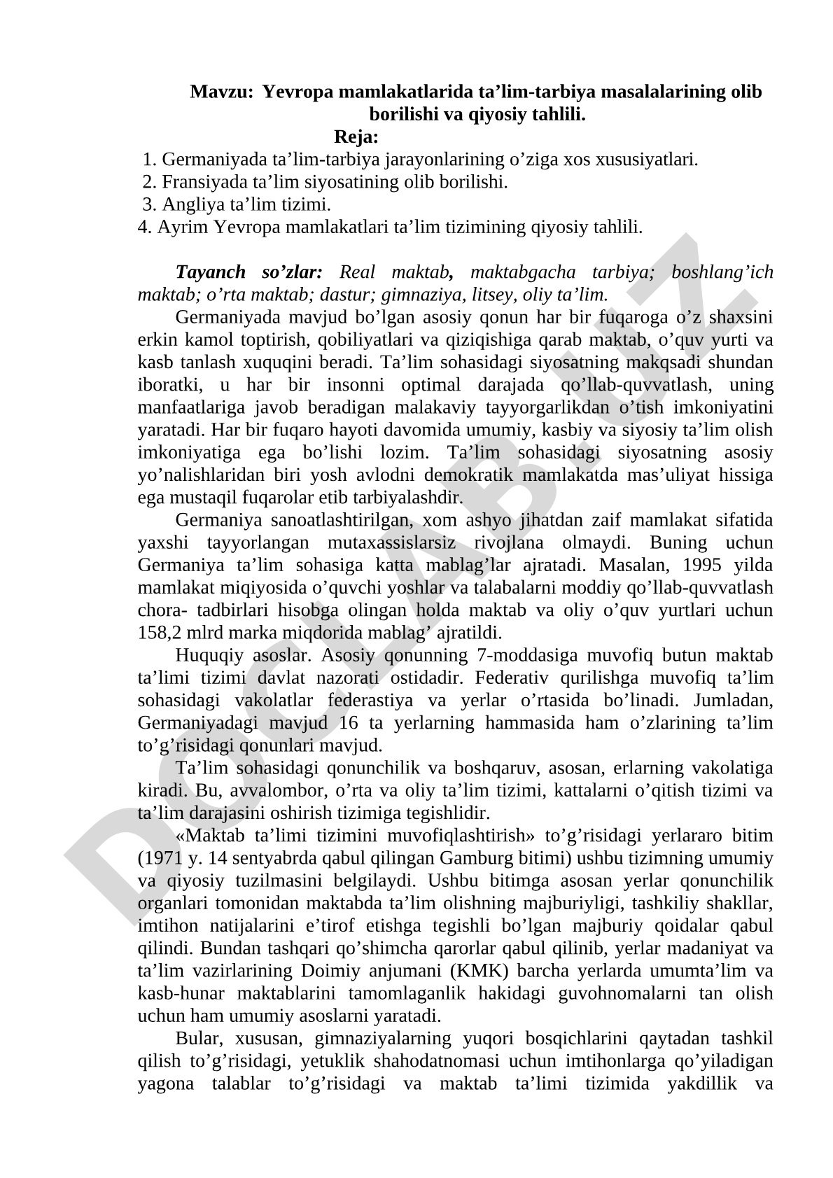 Yevropa mamlakatlarida ta’lim-tarbiya masalalarining olib borilishi va qiyosiy tahlili
