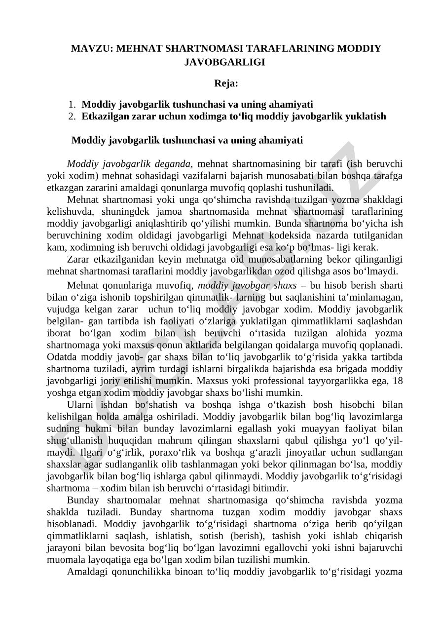 MEHNAT SHARTNOMASI TARAFLARINING MODDIY JAVOBGARLIGI
