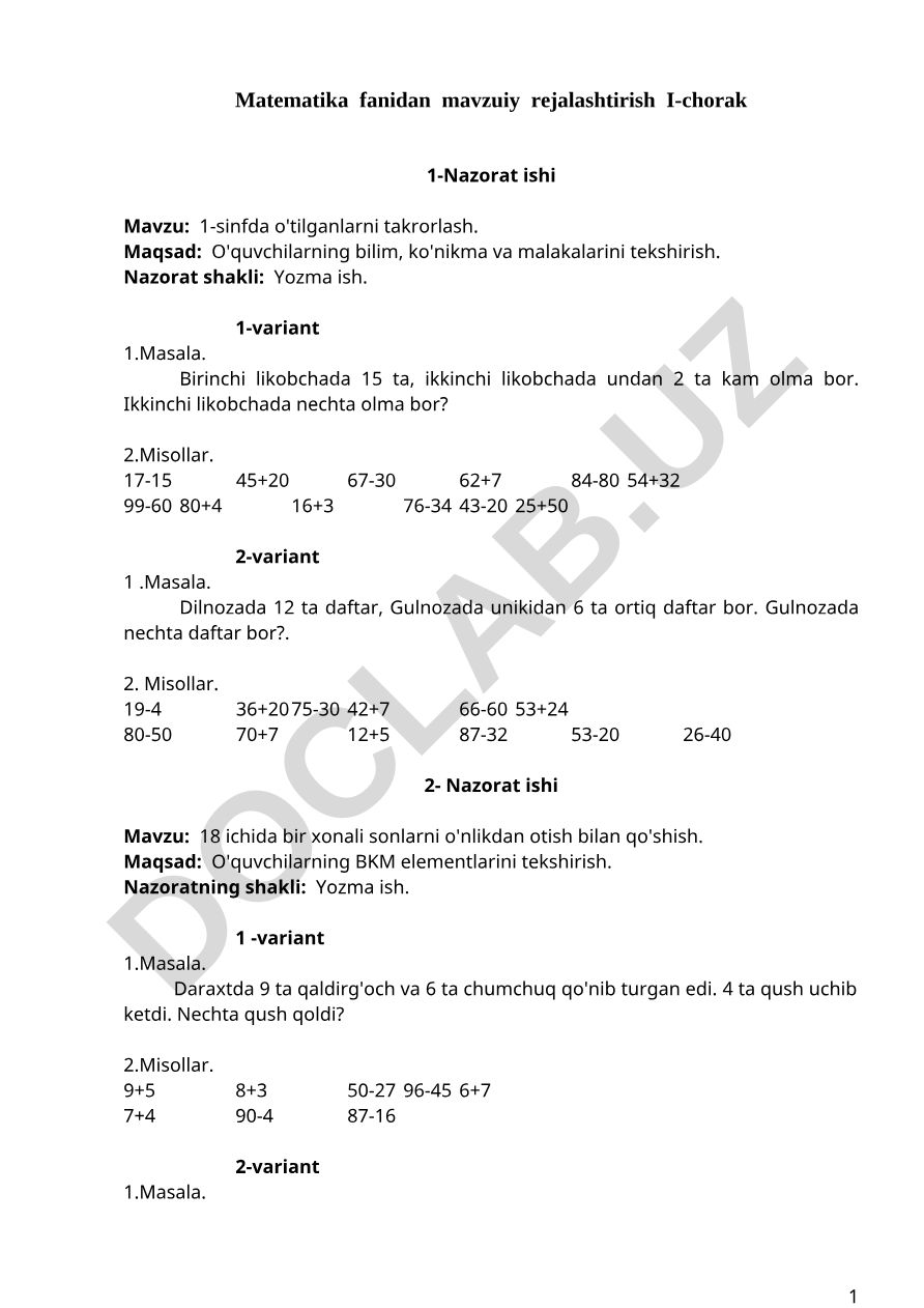 1-sinfda o'tilganlarni takrorlash