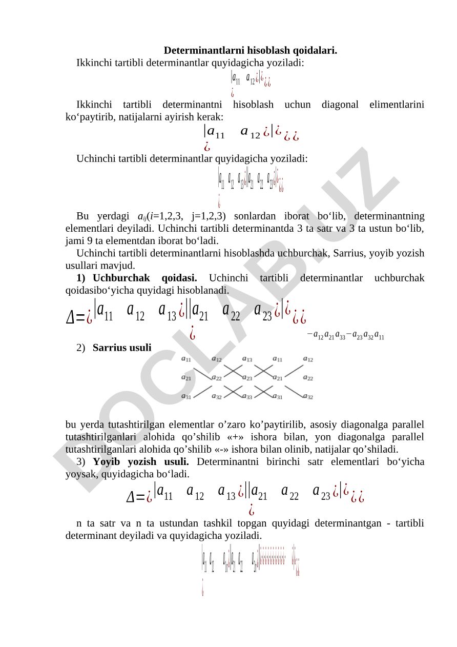 Determinantlarni hisoblash qoidalari