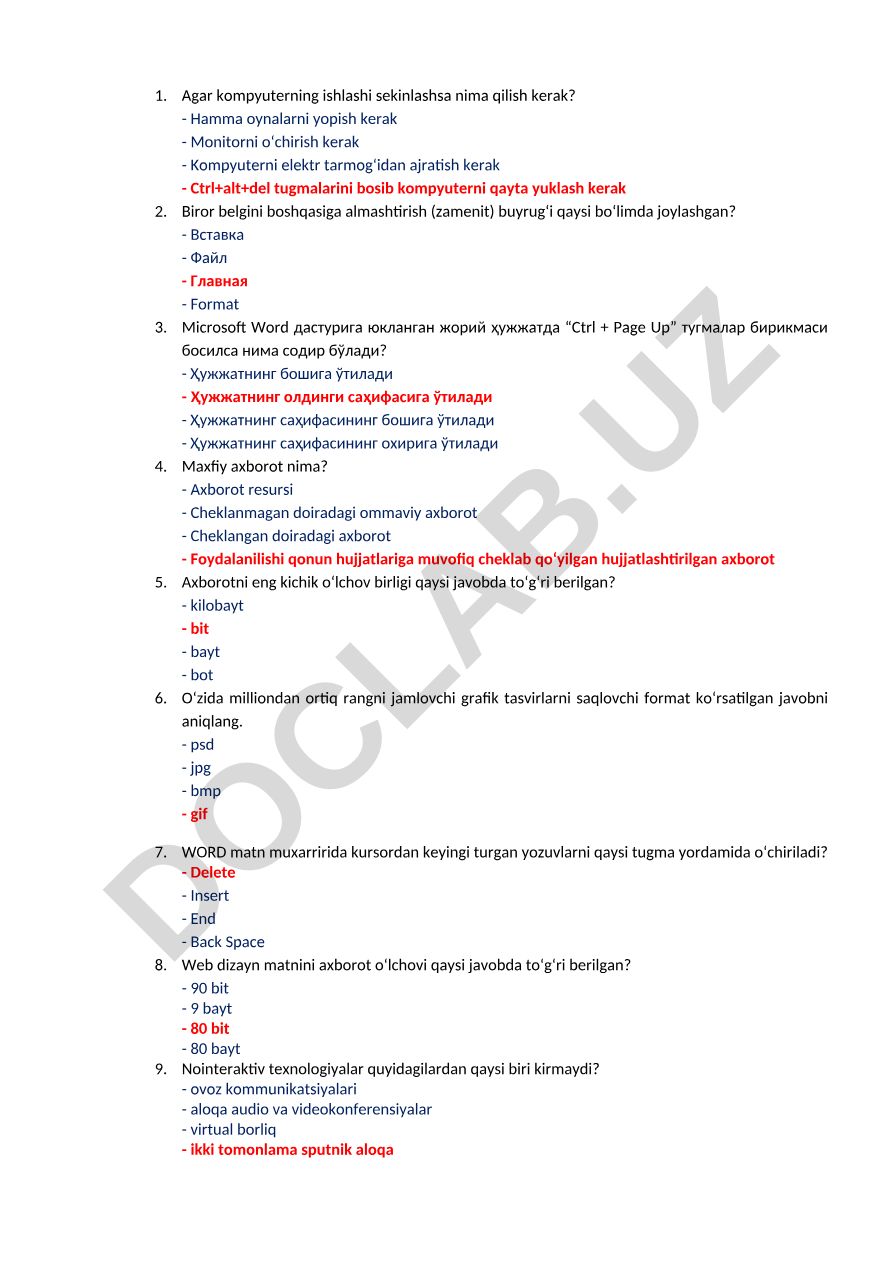 Kompyuter va dasturlar bo'yicha test savollari