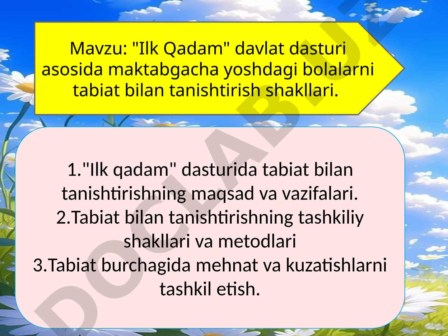 Ilk Qadam davlat dasturi asosida maktabgacha yoshdagi bolalarni tabiat bilan tanishtirish shakllari