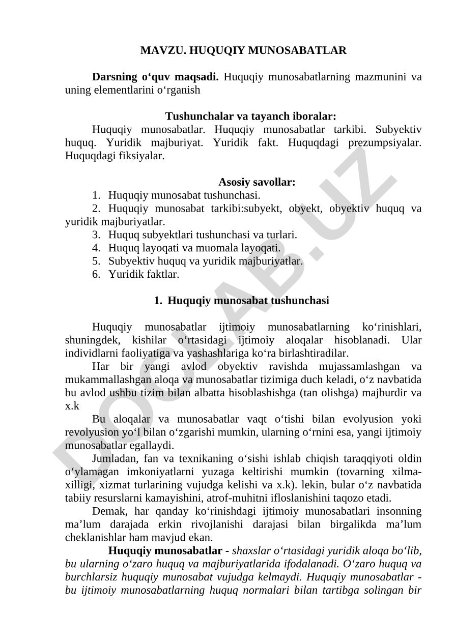 Huquqiy munosabatlarning mazmuni va uning elementlari