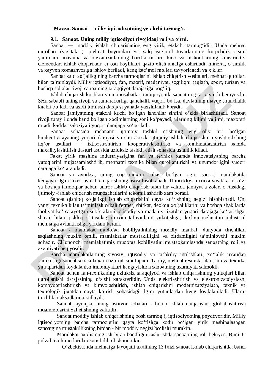 Sanoat – milliy iqtisodiyotning yetakchi tarmog’i