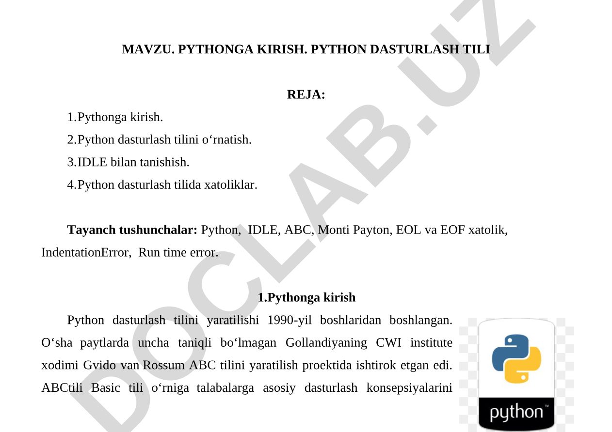 Pythonga kirish. Python dasturlash tilini o‘rnatish va IDLE bilan tanishish