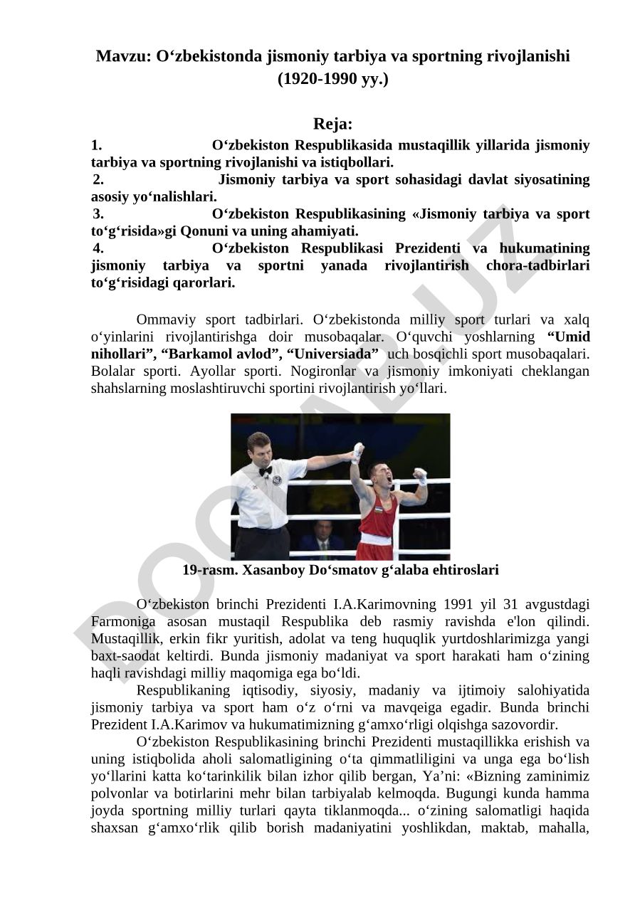 O‘zbekistonda jismoniy tarbiya va sportning rivojlanishi (1920-1990 yy.)