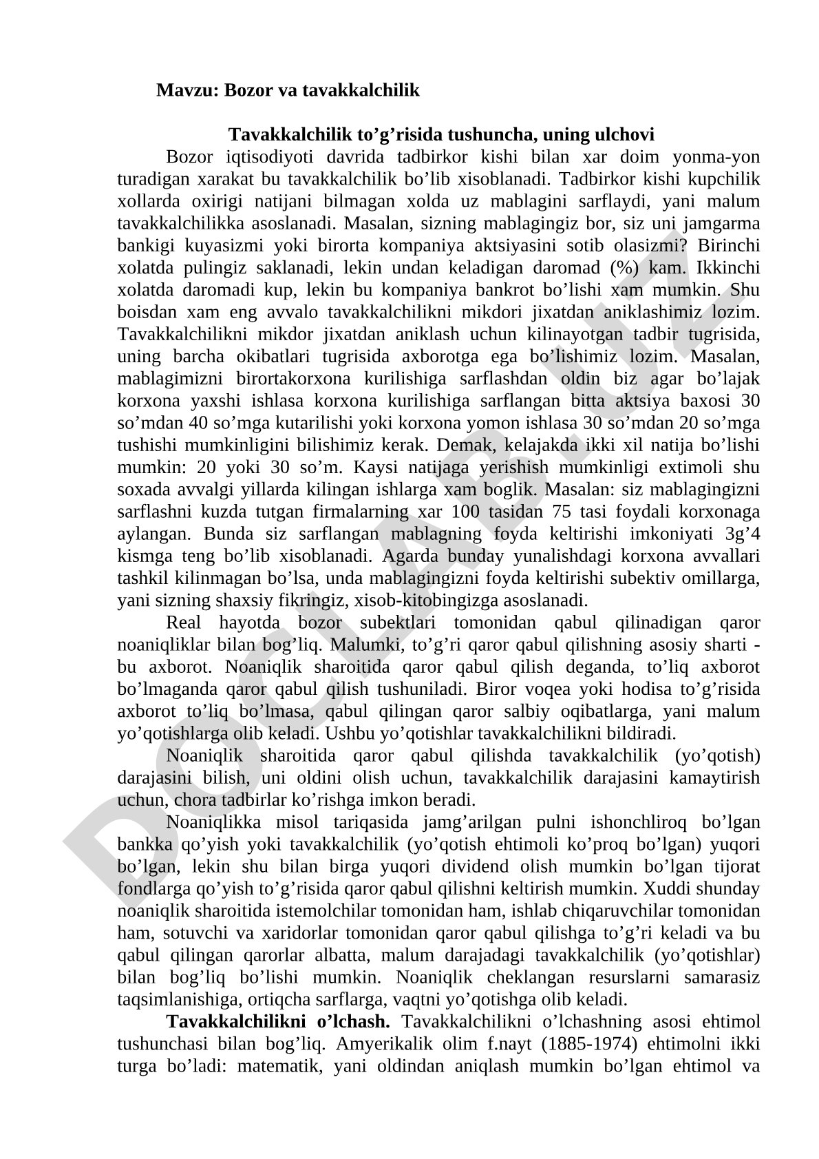 Bozor va tavakkalchilik kurs ishi