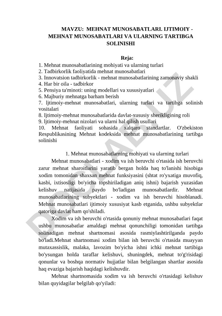 MEHNAT MUNOSABATLARI. IJTIMOIY - MEHNAT MUNOSABATLARI VA ULARNING TARTIBGA SOLINISHI