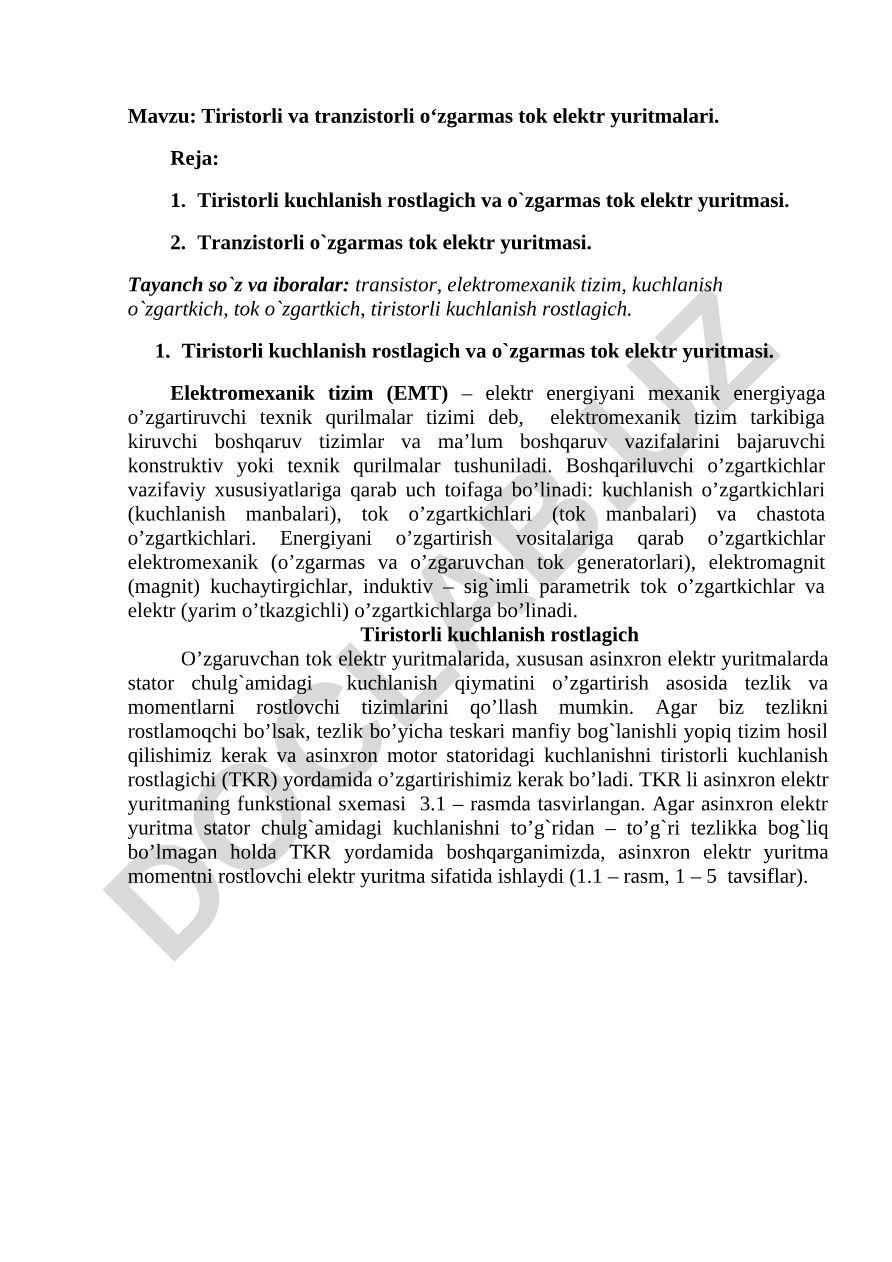 Tiristorli va tranzistorli o‘zgarmas tok elektr yuritmalari